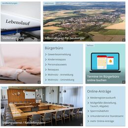 Screenshot der Website der Gemeinde Aldenhoven, 9 verschiedene Kacheln, darunter Fotokacheln u.a. mit einem Porträt des Bürgermeisters, und Textkacheln mit diversen Dienstleistungen der Verwaltung