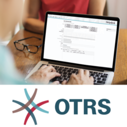 Logo OTRS, Foto mit Notebook und Software, Hände an Tastatur